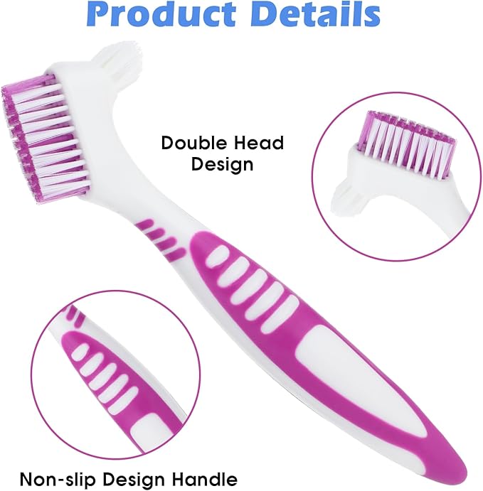 Denture Brush, 4 Pcs Dual Angled Denture Toothbrushes with Black Carrying Case, Portable False Teeth Care Cleaning Brush with Multi-Layered Soft Bristles (Purple, Green, Blue, Orange)