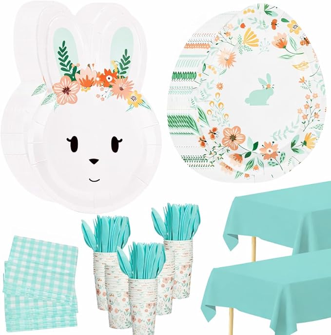 KEPATO Easter Bunny Party Supplies for 16 Guests, 113 Pcs Disposable Tableware Set with Plates, Napkins, Cups, Forks and Spoons for Easter Bunny Birthday Party Decorations