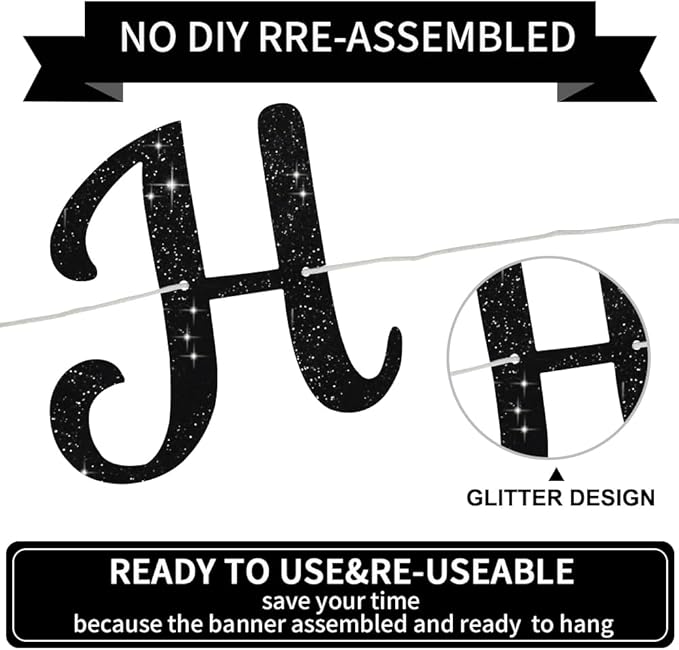 BEISHIDA Glitter Happy Engagement Banner-No DIY, Engagement Party Decorations, wedding Banners（Black）