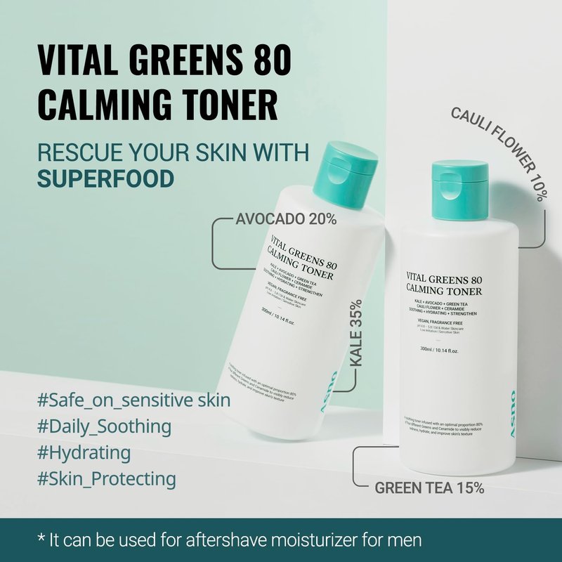 ASNO Vital Greens Calming Toner 300ml - Genderless Vegan Soothing Care for Acne, Pimple, Redness, Sensitive Skin, Superfood 80% + Ceramide, Hydrating Daily Facial Toner, Korean Skin Care