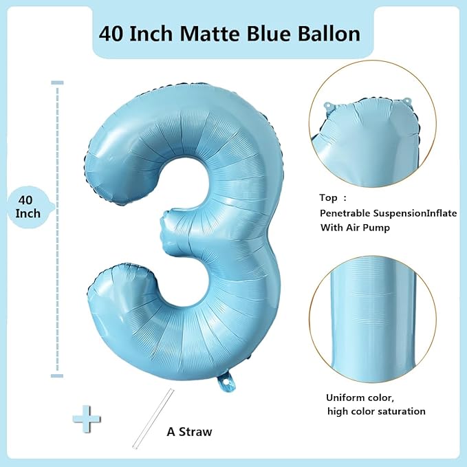 40 Inch Matte Blue 3 Number Balloons Light Blue Number 3 Foil Balloon Mylar Helium Balloon for Birthday Party Decoration Wedding Anniversary Supplies (Number 3)