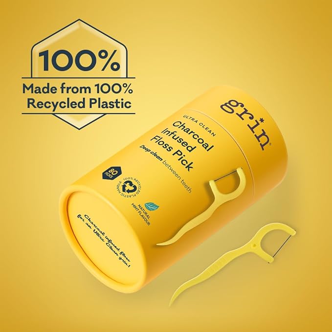 Grin Tooth Picks Flossers for Adults – Charcoal Infused Dental Floss Picks for Teeth Cleaning - Natural Mint Flavor - 100% Recycled Plastic Handle - 80 Count Canister (Pack of 3)