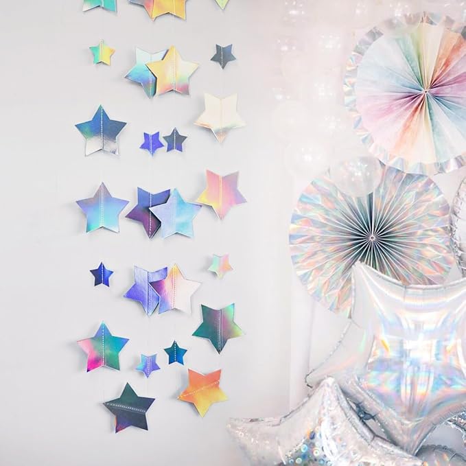 Iridescent Glitter Mixed Star Paper Garland Banner Décor 40 Feet Mixed Little and Large Twinkle Star Hanging Bunting Banner Backdrop for Wedding Baby Shower Birthday Graduation Disco Party Decorations