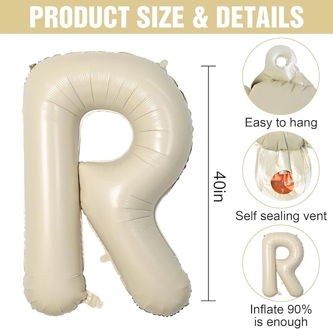 Cream R Letter Balloons,40 Inch Letter R Balloon Beige,Helium Custom Letter Balloon for Birthday Anniversary Party Decorations
