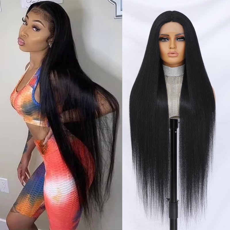 Felek Super Long Straight T Part Lace Wigs 40 Inch Long Hair 13x4x1 T Lace Front Wigs Heat Resistant Fiber Glueless Pre-Plucked Natural Hairline Lace Wig For Fashion Women/Girls (#1B