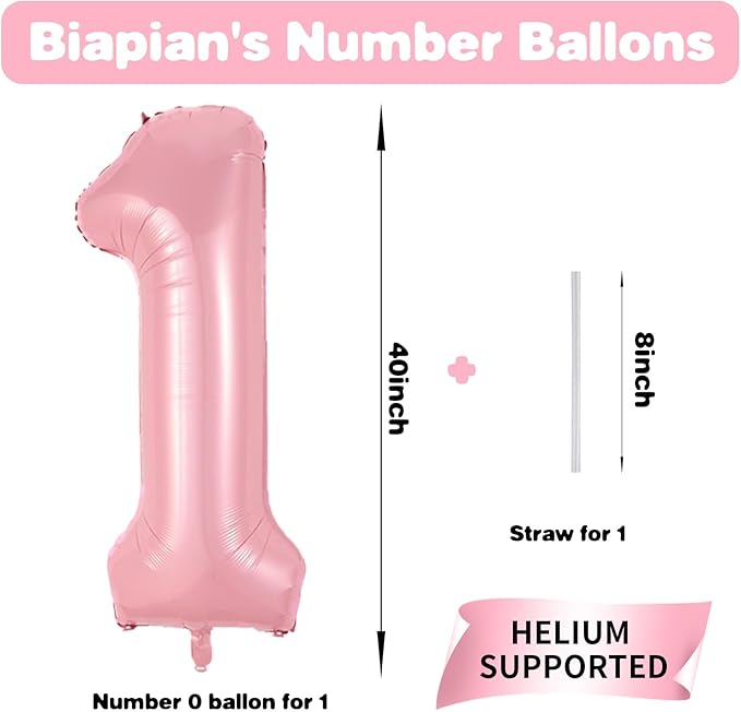 40 Inch Pink Number 1 Balloon, Light Pink Number Balloons Set 0-9, Large Baby Pink 1 Balloon Numbers, Pastel Pink Foil Digital 1 Balloons Helium for Girls Baby Shower 1st Birthday Party Decorations