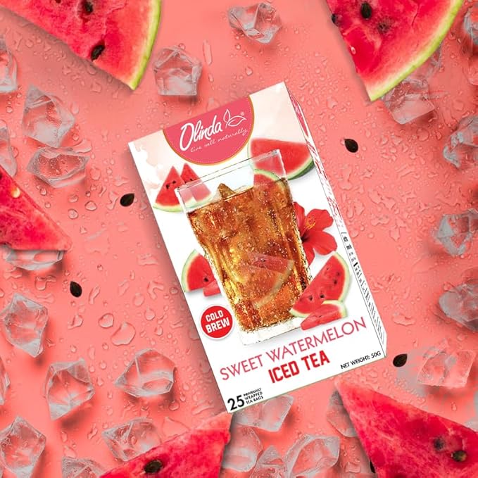Olinda Iced Tea Sweet Watermelon Iced Tea Bags Cold Brew Organic Herbal Green Tea Summer Drink Antioxidant Hot and Cold Brew Natural Sucralose Sweetened Fruity Flavored Healthy Caffeinated Tea