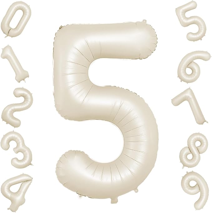 40 Inch Cream Number 5 Balloon, Beige Large 5th Birthday Balloons, Digital 5 Cream White Giant 5 Foil Balloon Helium for Boys Girls 5th Birthday Decorations Anniversary Baby Shower Party Supplies