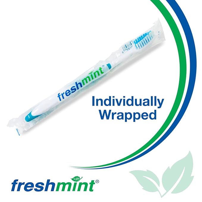 FRESHMINT Individually Wrapped Bulk Premium Toothbrushes (100 Pack), Oversized Easy Grip Rubber Handle, Soft Multi Color Nylon Bristles Perfect for Travel, Hotel, Donation