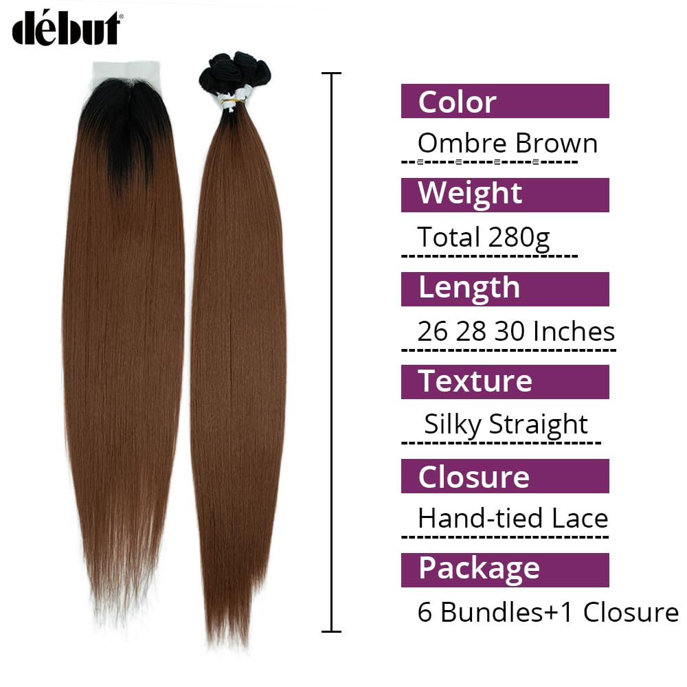 DÉBUT Silky Straight Synthetic Hair 6 Bundles with Lace Closure Long Straight Hair Bundles Weave Hand-Tied Middle Parting Lace Closure Ombre Brown 1B/30 Color for Full Head