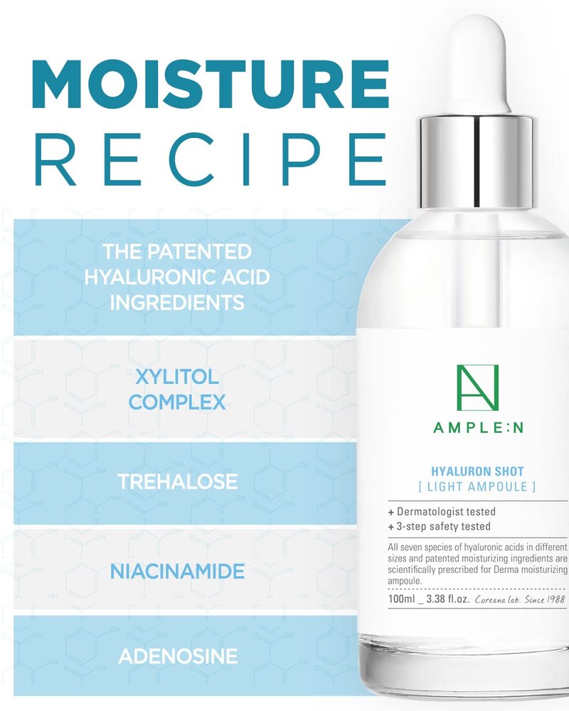 AMPLE:N Hyaluron Shot Light Serum - Korean Hyaluronic Acid Moisturizing Serum - Hydrate Oily and Combination Skin and Restore Vitality – Plumping, Refreshing, Anti Aging Ampoule, 3.38 fl.oz.