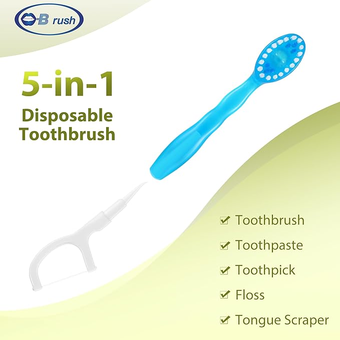 B Rush 24Pack 5 in 1 Mini Disposable Toothbrush, Toothpaste+Tongue Cleaner+Floss+Pick, Portable Prepasted Travel Set for Kids Adults, Individual Wrapped for Work Camping&Daily Care, Mint Flavor