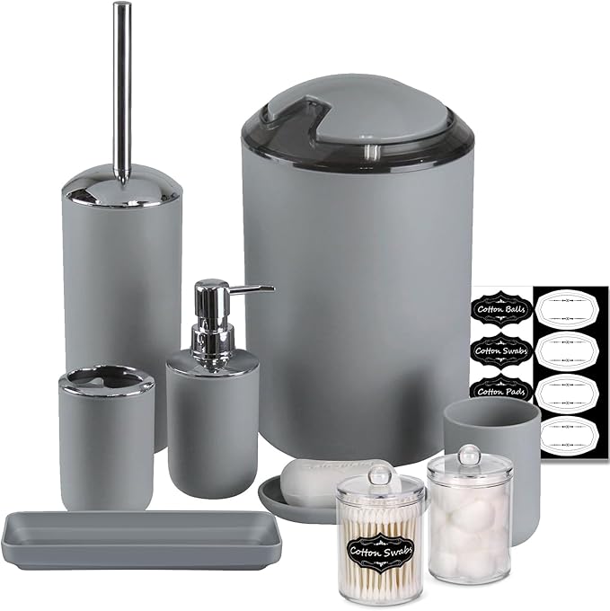 IMAVO Bathroom Accessories Set,Grey Bathroom Set,9 Pieces Bathroom Accessory Set,Tray,Qtip Holders,Toilet Brush,Trash Can for Bathroom Décor and Home Gifts