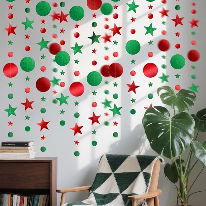 Glitter Star Garlands Decorations, 52 Feet Star Paper Garland Banner, Circle Dot Star Hanging Streamers for Valentine's Day Anniversary Wedding Birthday Ramadan Graduation Party Supplies Decorations
