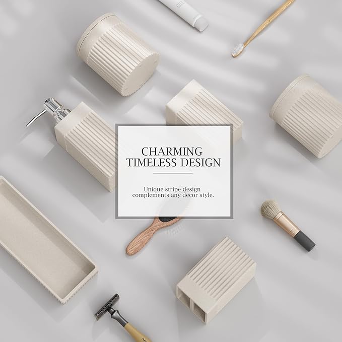 6-Piece Beige Bathroom Set - Sleek Resin Bathroom Accessories Set with Soap Dispenser, Toothbrush Holder, Vanity Tray, Tumbler & Apothecary Jars for Small Spaces