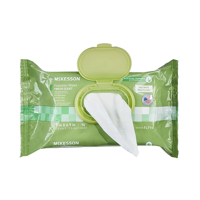 McKesson Flushable* Adult Wet Wipes – 576 Wipes (6 Pack of 96) – Aloe & Vitamin E, Plant-Based Cleansing Wipes, Scented