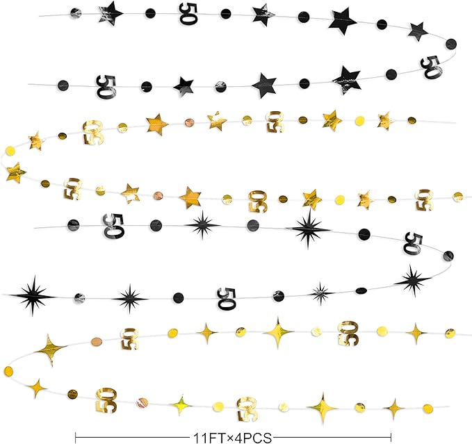 Black Gold 50th Birthday Decorations Number 50 Circle Dot Twinkle Star Garland Metallic Hanging Streamer Banner Backdrop for Women Mens 50 Years Old Birthday Happy 50th Anniversary Party Supplies