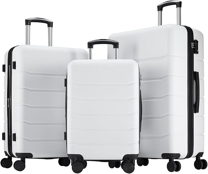 Sweetcrispy Carry on Suitcase, Luggage with Spinner Wheels, Hard Shell ABS, TSA Lock, White, 3-PCS Set (20/24/28 inch)