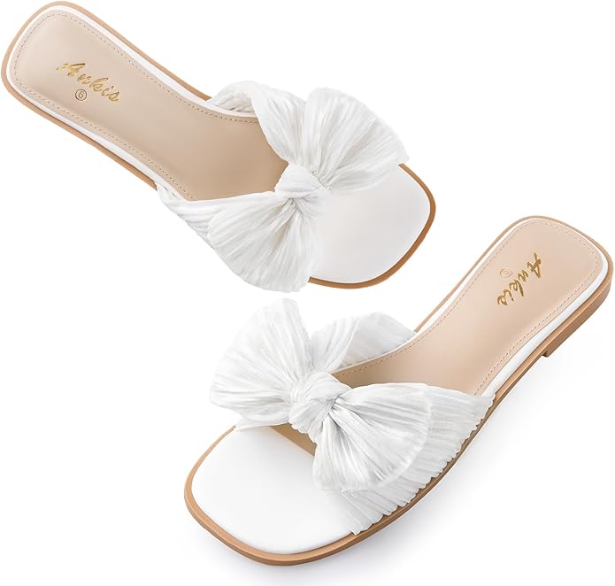 Ankis Womens Pleated Bow Flat Sandals White Gold Sandals for Women 2026 Dressy, Comfortable Open Toe Dress Sandals for Summer Beach Wedding Party Graduation Slip On Slides Sandals