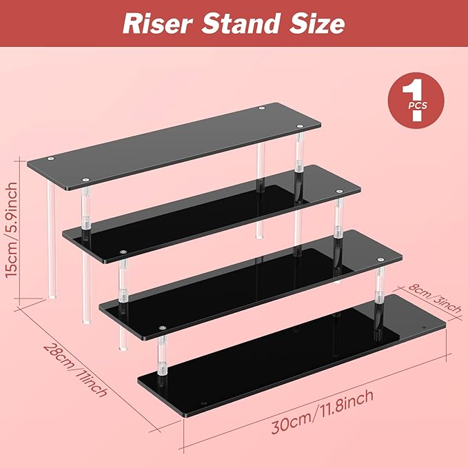 4 Tier Acrylic Display Risers, Black Perfume Organizer Stand, Large Cupcake Stand Holder, Dessert Display for Party, Display Shelf for Figure and Collection, Riser Stand for Decoration and Organizer