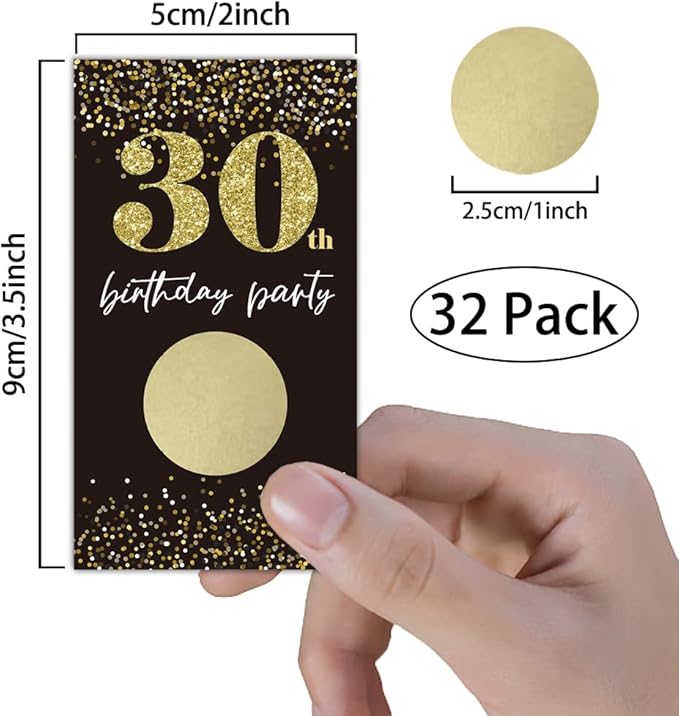 REWIDPARTY Black Gold 30th Birthday Party Scratch Off Game Cards (32 PCS) Cheers to 30 Years Prize Raffle Tickets Happy 30th Birthday Party Scratch Cards Supplies Activity for Family Friends Adults