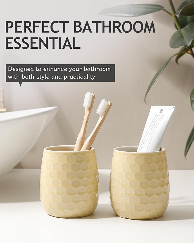 Toothbrush Holder, Tooth Brush Holder for Bathroom - Ceramic Toothbrush Cup Toothbrush Holders Countertop, Ice Cracks Yellow Makeup Brush Holder Pen Holder, 3.62" x 3.62" x 3.93", ANTIS'S HOME