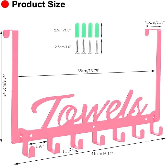 Over The Door Hooks, Towel Rack for Bathroom Towel Holder for Hanging Heavy Duty, Over Door Hanger with 7 Coat Hooks for Bedroom Bathroom Pool Kitchen, Bags(Pink)