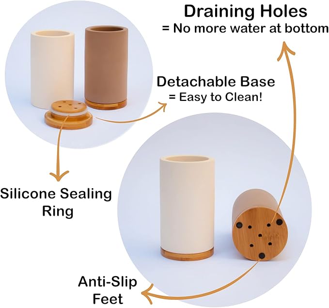 Matani Diatomite & Bamboo Toothbrush Holder - Quick-Drying, Water-Absorbent Stand with Removable Base & Drain Holes for Bathroom Countertop (Light Gray)