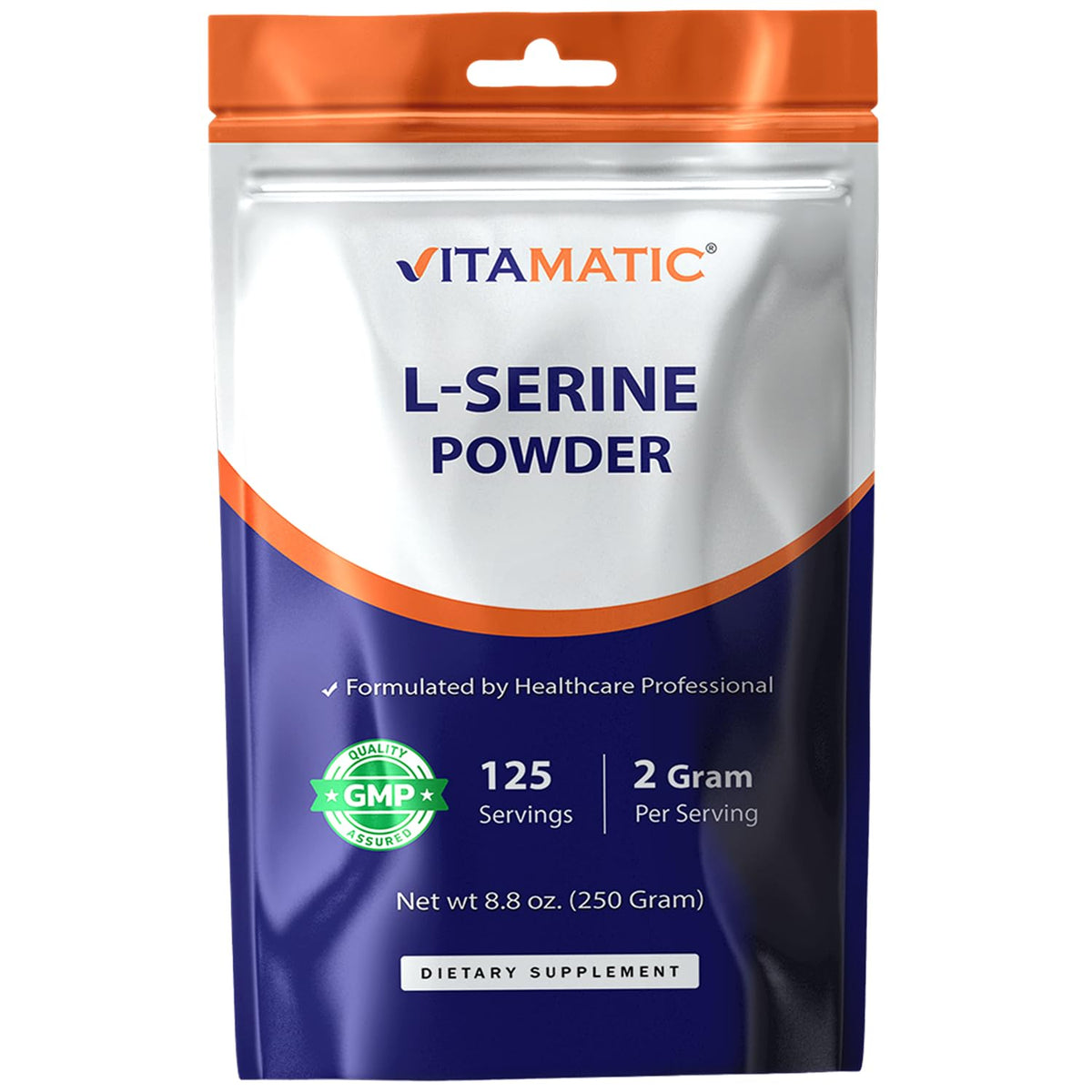 Vitamatic L-Serine Pure Powder 250 Gram | 2000 mg per Serving | 125 Servings | Unflavored | No Additives | Free of Soy, Eggs, Fish & Artificial Ingredients