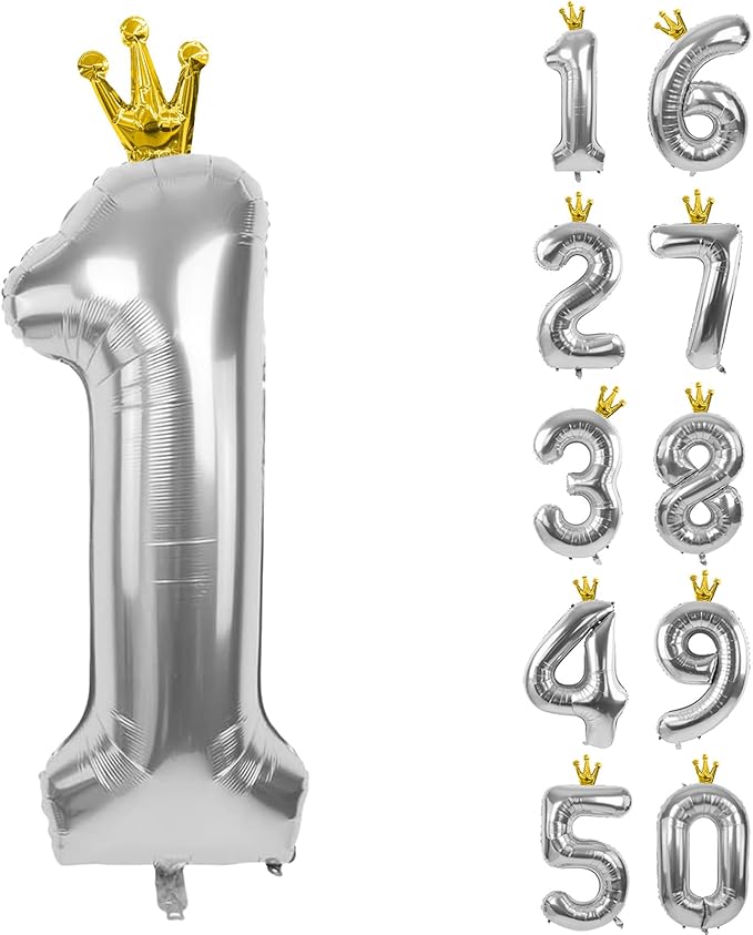 Silver Number 1 Balloon with Crown, 40 inch Silver Balloons Crown Balloon 0-9 for 1st Birthday Party Anniversary Decoration Supplies