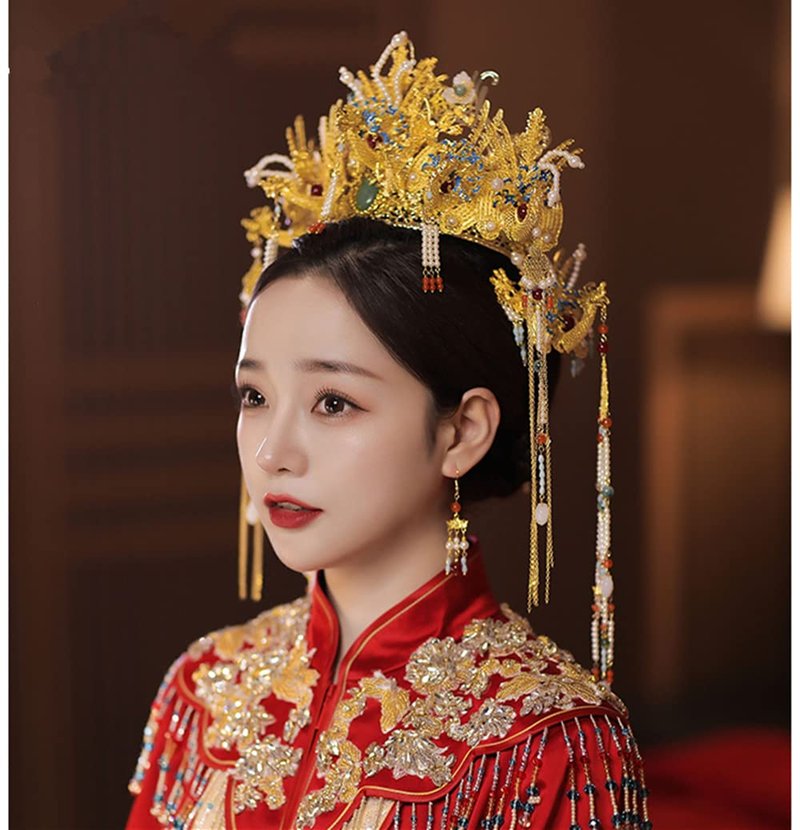Chinese Wedding Bride Hair Accessory Chinese Crown Wedding Hair Accessories Golden Flower Floral Beaded Flapper Headband Jeweled Bridal Wedding Tiara (Phoenix)