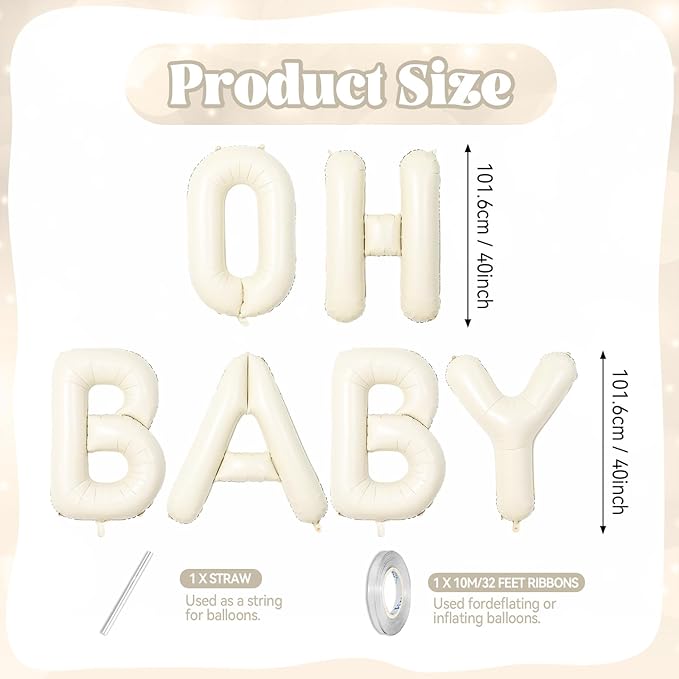 Biapian 40 Inch OH BABY Letter Balloons, Big Beige Foil Balloons, 6 Pcs Giant Alphabet Large Balloon Neutral Balloon Banner Sign for Baby Shower Birthday Gender Reveal Party Decoration
