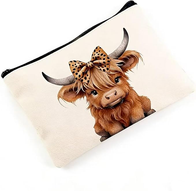GRITOSE Spring Small Makeup Bag Cute Cattle with Brown Bow designs Cosmetic Bag Work Toiletry Bags Accessories for Family Friend Student Workday Birthday Gift Travel Pouch with Zipper