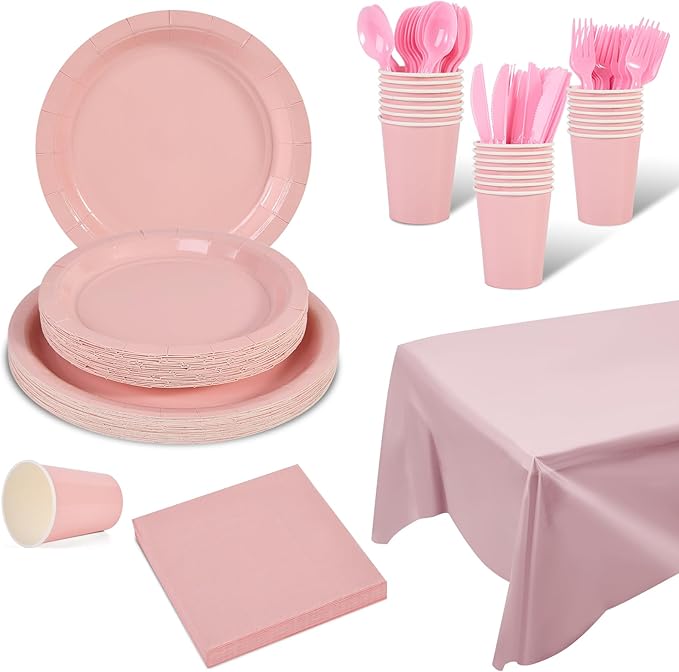 Ottin 169PCS Pink Party Supplies for 24 Guests – Disposable Paper Plates, Napkins, Cups, Forks, Knives, Spoons & Tablecloth for Birthday, Wedding, Halloween, Thanksgiving, Christmas, and New Year
