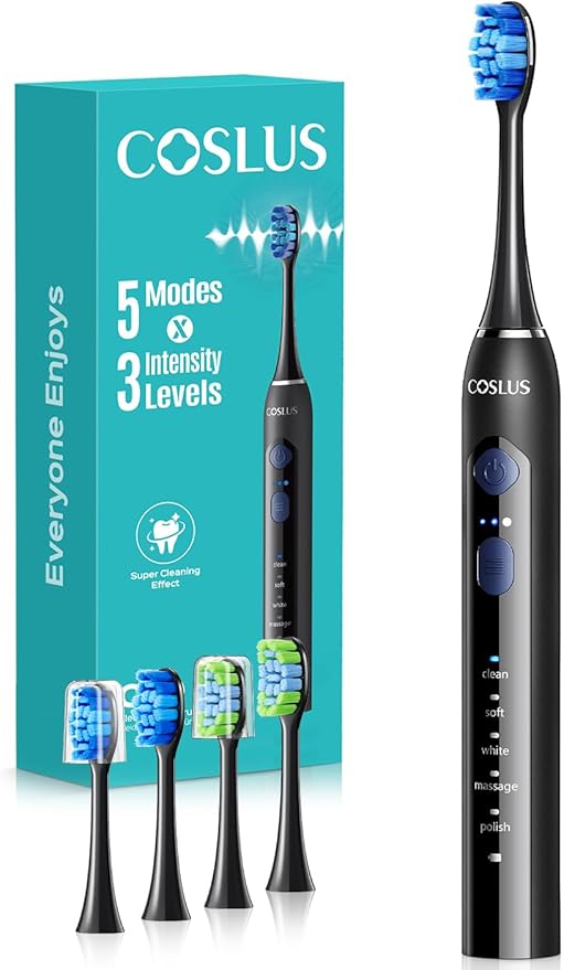 COSLUS Sonic Electric Toothbrush for Adults: 3 Intensities & 5 Modes Gum-Friendly for Deep Cleaning & Whitening - 2 Types of Heads for Family, Sensitive Teeth, Braces, Travel & Home Use, Black, 1PC