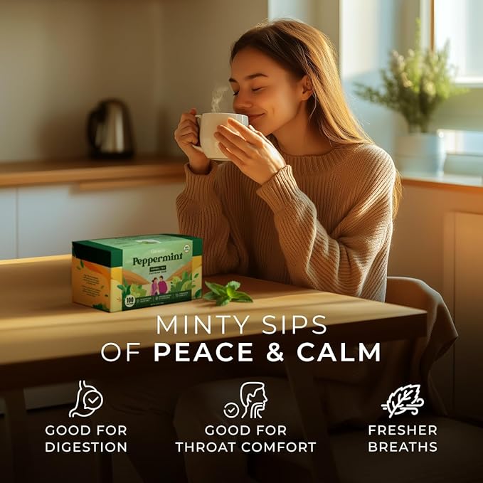Gya Tea Co Peppermint Herbal Tea Bags (100 Bags) - Caffeine Free with a Tangy Flavor for All Day Comfort, Calming, Relaxing & Nourishing - Fruit & Herbal Blends