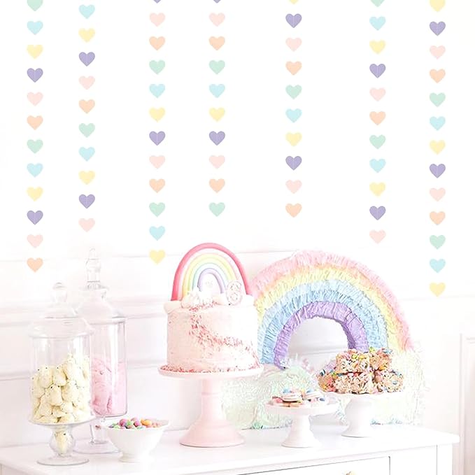Pastel Rainbow Birthday Party-Decorations Streamers - 52FT Yellow Blue Mint Pink Purple Hanging Heart Garland Banner,Valentines Baby Bridal Shower Bachelorette Engagement Backdrop Decor Hugtmr