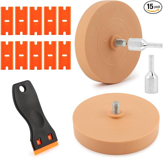 2pcs Car Eraser Wheel with 1 Plastic Scraper and Adapter, 3.5 Inch Decal Remover Wheel for Drill, Rubber Tool Kit for Quick Remove Sticker, Vinyl, Decal, Adhesive, Residue, Tape