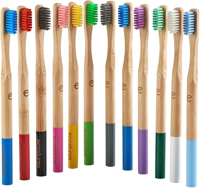 EcoSlurps Bamboo Toothbrushes (12 Adult Medium, Multi-Colored)