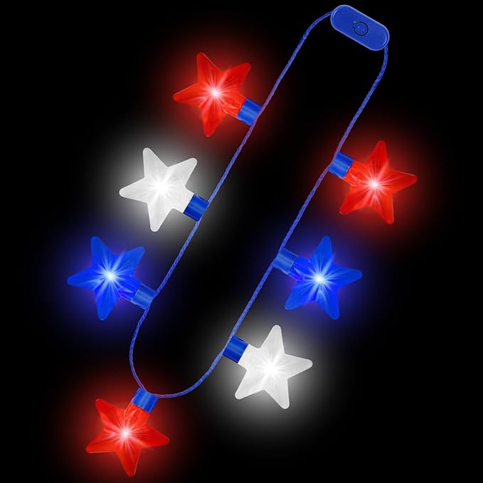 4th of July Necklace Party Favors, 20PCS Independence Day Light up Necklace, 7 Bulb Red Blue Whtie Stars Necklace, Glow Necklaces Bulk for Memorial Day Patriotic Themed Parades Parties Supplies