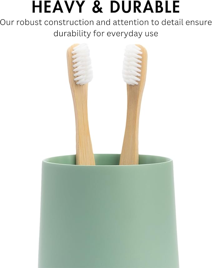 Matte Sage Green Toothbrush and Toothpaste Holder and Cup for Bathroom Vanity and Countertop, Round Organizer for Electric Toothbrushes, Floss, Razors, Cotton, and Mouthwash