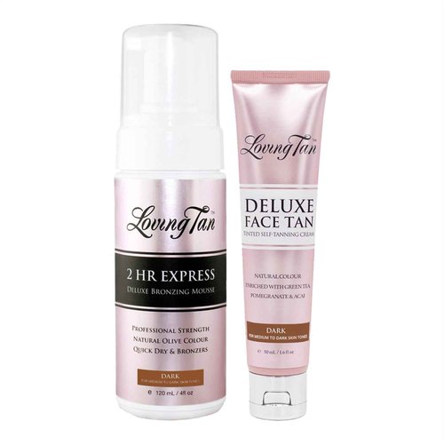 Loving Tan 2 HR Express Mousse (4FL Oz) + Face Tan (1.6Oz), Dark - Streak Free, Natural looking, Professional Strength Sunless Tanner - Cruelty Free, Naturally Derived DHA