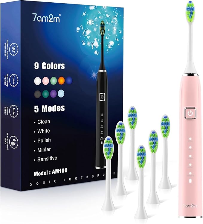 7AM2M Ultrasonic Electric Toothbrush with 6 Brush Heads for Adults&Kids, Type C Charging, One Charge for 120 Days, 5 Modes&40000VPM Powered Toothbrush, 4 Minutes Built in Smart Timer (Pink)