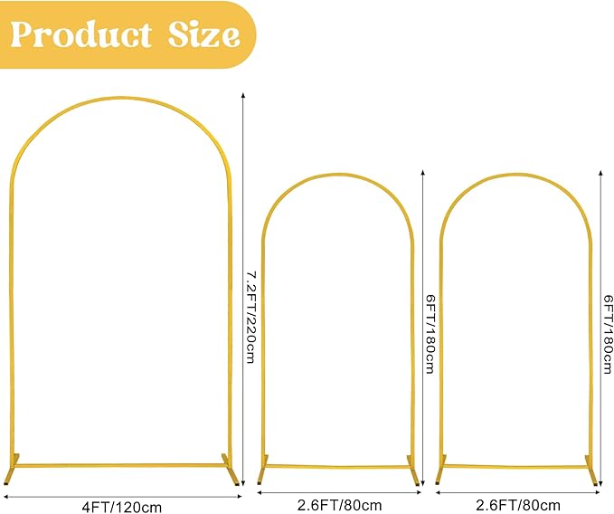 Arch Backdrop Stand 7.2FT, 6FT, 6FT Set of 3 Gold Wedding Arch Stand Balloon Arch Stand Stable Metal Arch Backdrop Frame for Wedding Ceremony Birthday Party Bridal Baby Shower Banquet Decoration