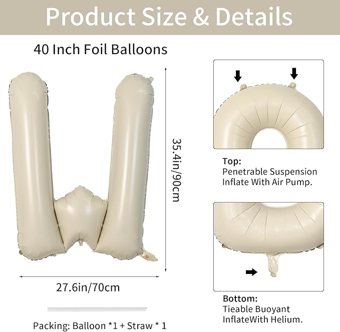 Biapian 40 Inch Giant Cream Foil Balloons, Big Single Alphabet A-Z, Beige Large Aluminum Balloons Helium for Birthday, Baby Shower, Wedding, Anniversary Party Decoration