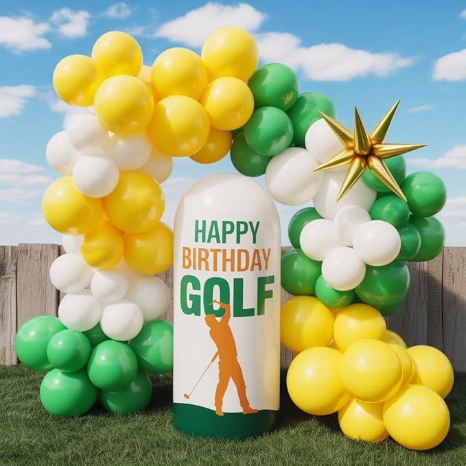 Green Yellow Balloon Garland Kit, Golf Birthday Decorations with Dark Green Yellow Latex Balloons Gold Star Foil Balloon for Boys Birthday Forest Jungle Tractor Soccer Party Decorations