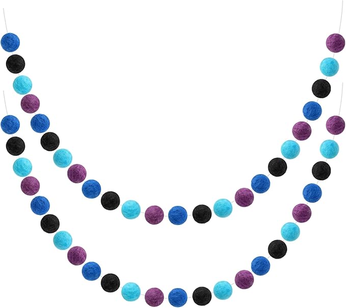 Boao 2 Pieces Wool Felt Ball Garland Colorful Pom Pom Garland Handmade 6.5 Feet Long 24 Balls Felt Banner for Wall Christmas Tree Decoration (Black,Purple,Blue)