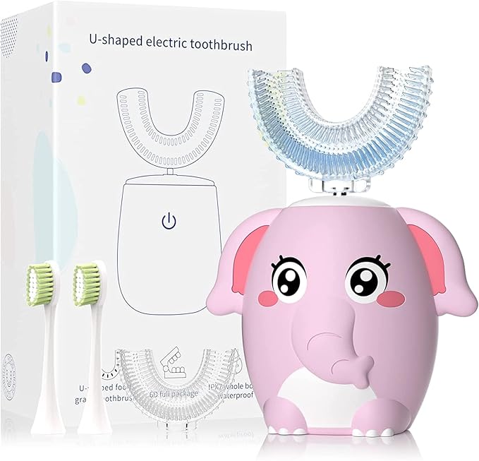 Kids Electric U Shaped Toothbrush Children Rechargeable Sonic Toothbrush with 4 Brush Heads Full Mouth 6 Cleaning Modes - (Age 2-7 Pink)