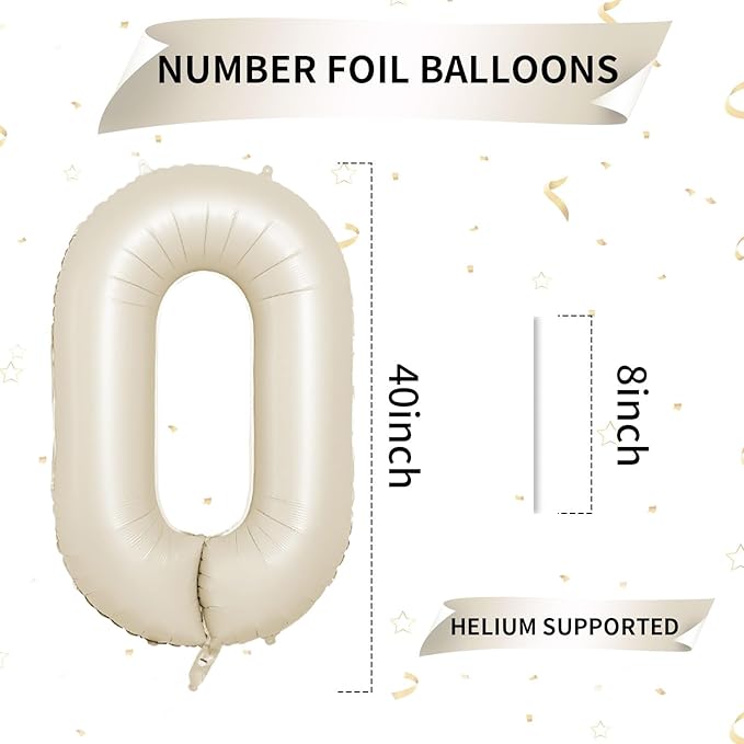 40 Inch Cream Number 0 Balloon, Beige Large 0-9 Birthday Balloons, Digital 0 Cream White Giant 0 Foil Balloon for Numbers 0/10/20/30/40/50/60/70/80/100 Year Old Birthday Anniversary Party Decorations