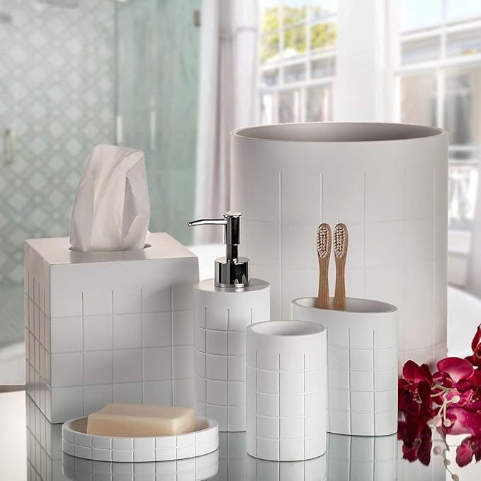 Creative Scents Polar White Bathroom Accessories Set with Trash Can - 6 Piece Bathroom Set Features: Waste Basket, Tissue Cover, Soap Dispenser, Toothbrush Holder, Tumbler and Soap Dish